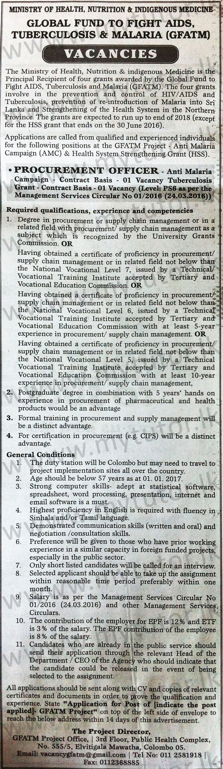 Procurement Officer - Ministry of Health, Nutrition & Indigenous Medicine